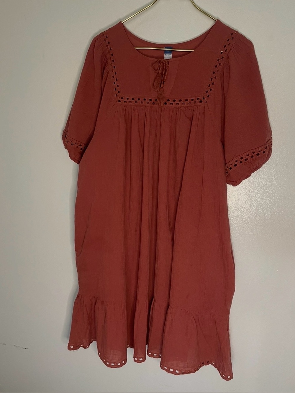 Old Navy Rust Midi Eyelet Peasant Dress Prairie Ruffle With Lining Comfy Size XL